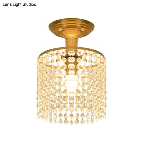 Crystal Strand Semi Flush 1-Light Gold Lamp - Simple Cylindrical Design For Close To Ceiling