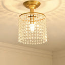 Crystal Strand Semi Flush 1-Light Gold Lamp - Simple Cylindrical Design For Close To Ceiling