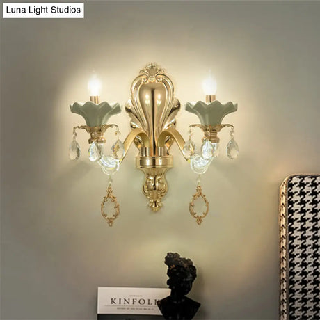 Crystal Wall Mount Candle Light Fixture In Elegant Gold Finish
