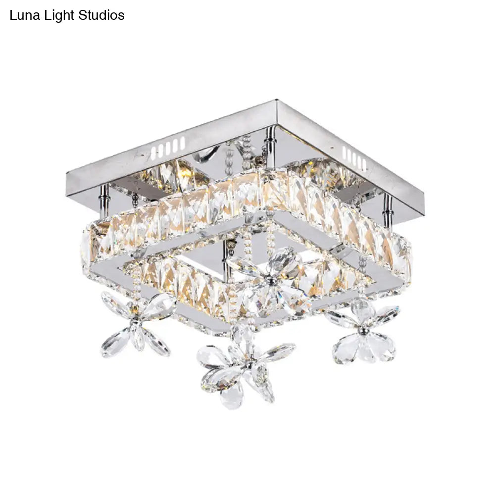 Cubic Crystal Led Bedroom Ceiling Light Fixture - 8’/12’ Width Semi Flush Mount Chrome Finish