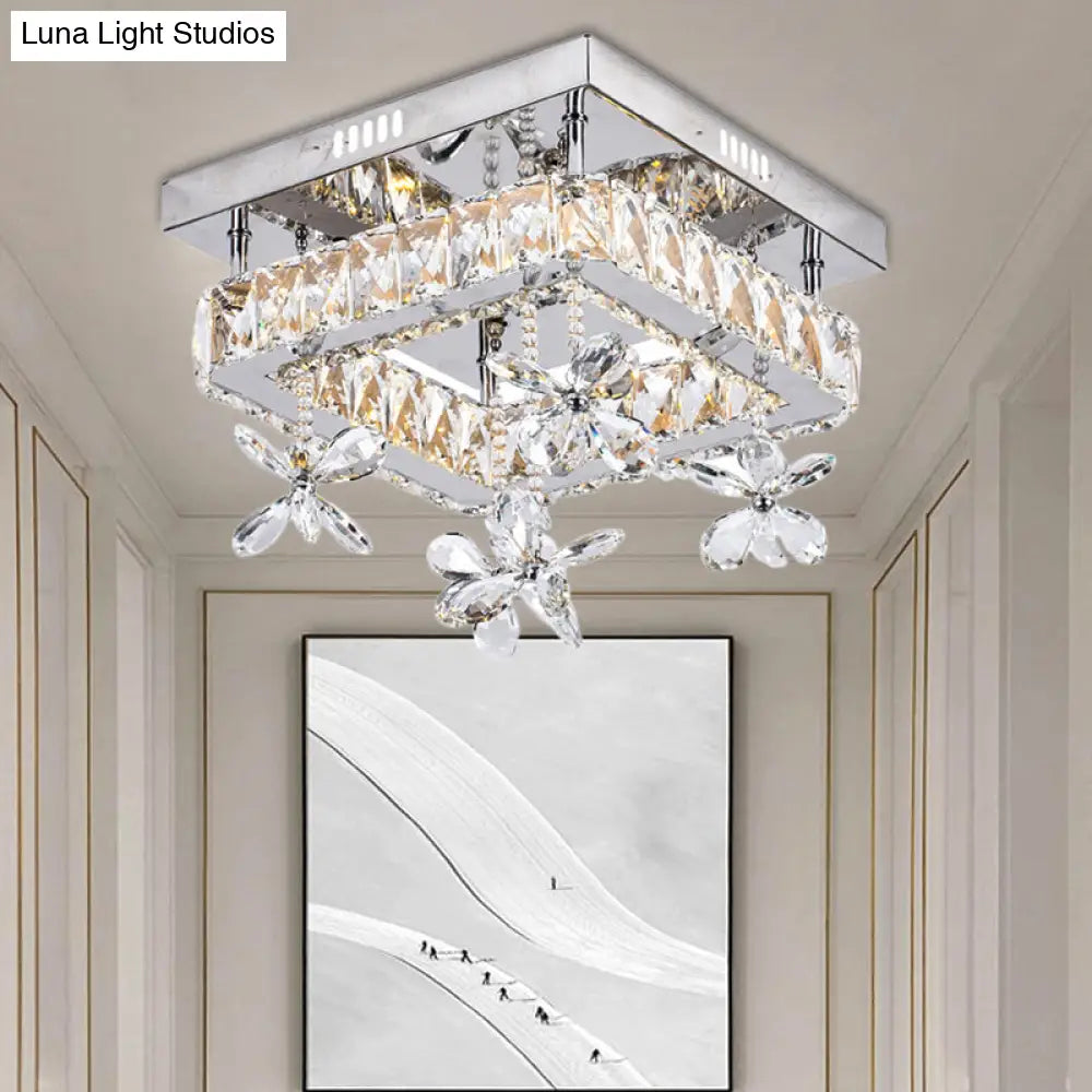 Cubic Crystal Led Bedroom Ceiling Light Fixture - 8’/12’ Width Semi Flush Mount Chrome Finish