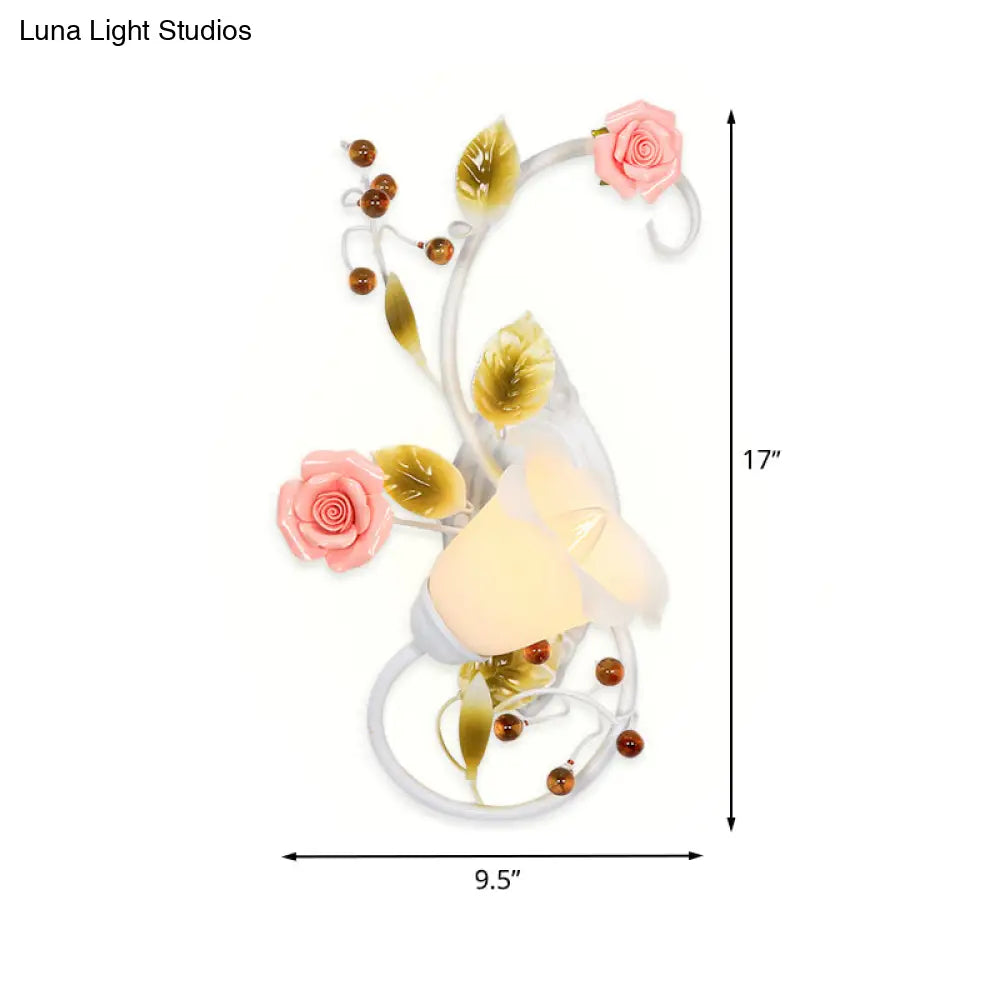 Curved Arm Sconce Light With Metal Rose Design White - Left/Right For Living Room