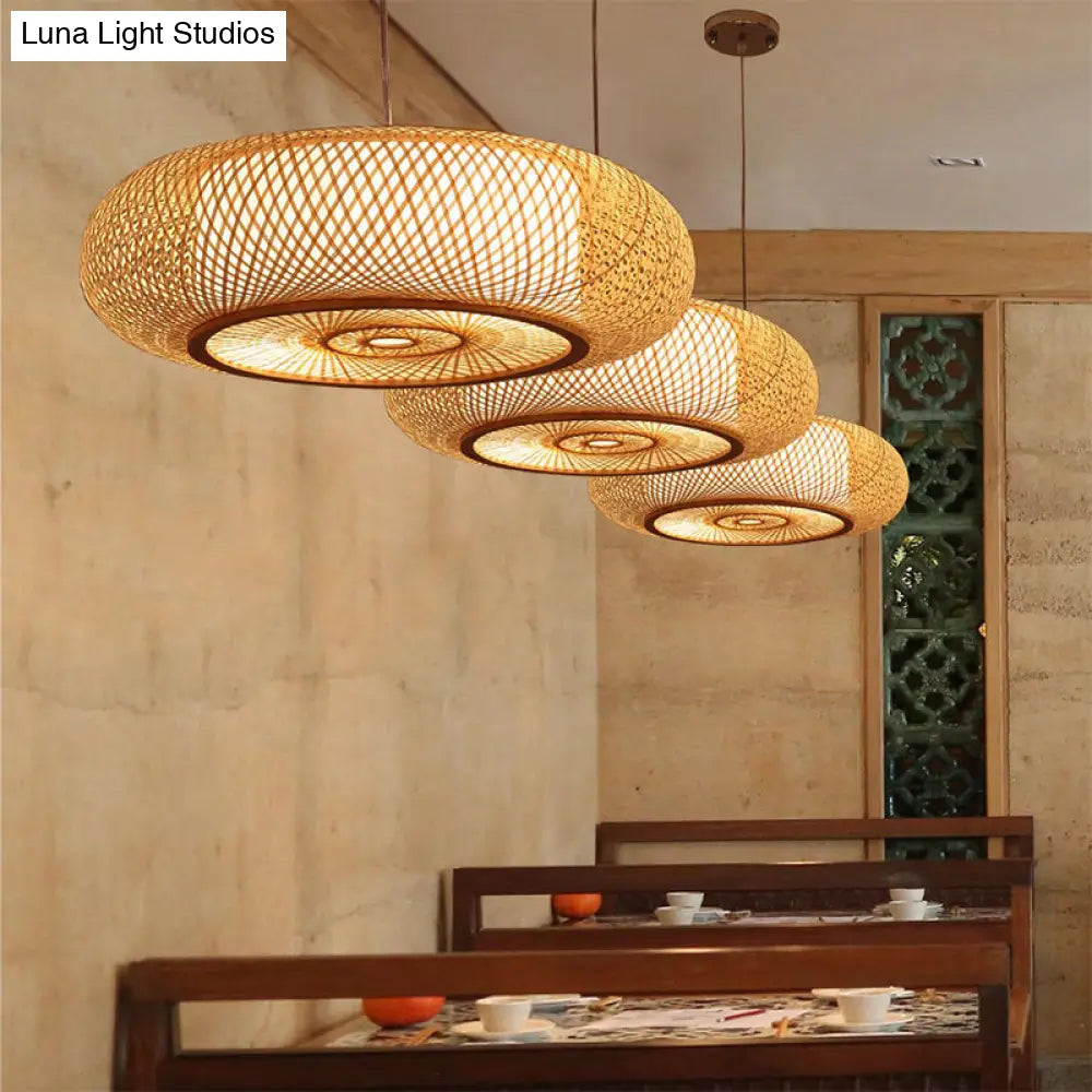 Curved Bamboo Drum Pendant Light 2/3 Bulbs 18’’/23.5’’ Wide Wood Ceiling Hanging Tradition Lighting