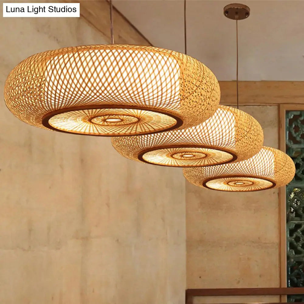 Curved Bamboo Drum Pendant Light 2/3 Bulbs 18’’/23.5’’ Wide Wood Ceiling Hanging Tradition Lighting