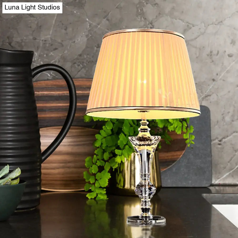 Curved Fabric Nightstand Lamp: Modernist Beveled Crystal Reading Light In Beige