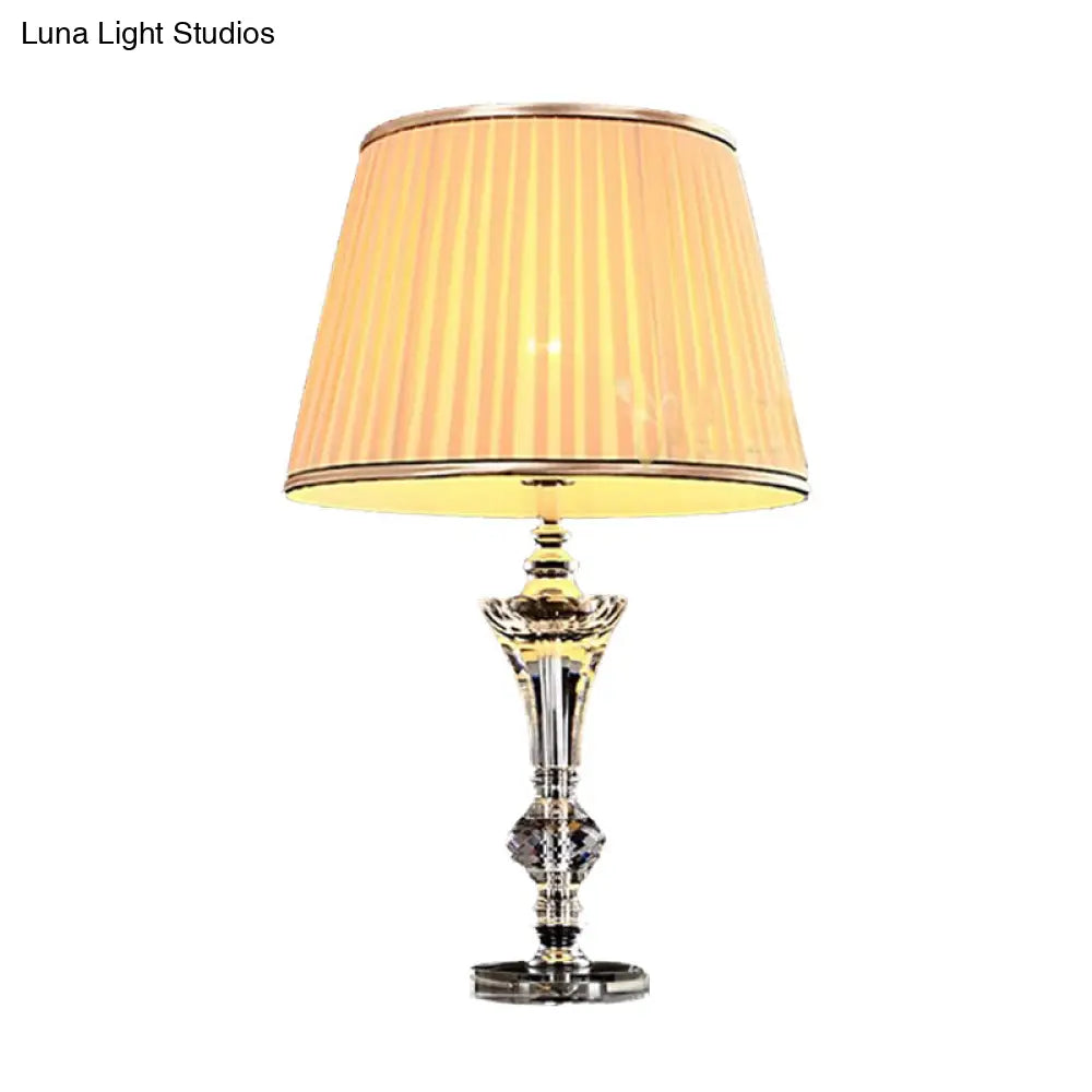 Curved Fabric Nightstand Lamp: Modernist Beveled Crystal Reading Light In Beige