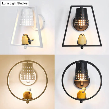 Cute Bird Kids Wall Light With Metal Shade - Child Bedroom Sconce