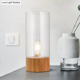 Cylinder Bedroom Desk Lamp - Clear Glass Led Reading Light With Wood Base