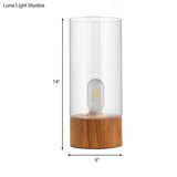 Cylinder Bedroom Desk Lamp - Clear Glass Led Reading Light With Wood Base