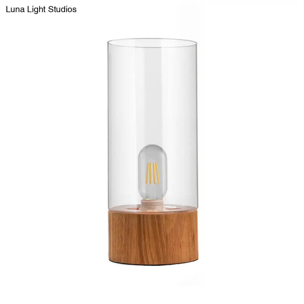Cylinder Bedroom Desk Lamp - Clear Glass Led Reading Light With Wood Base