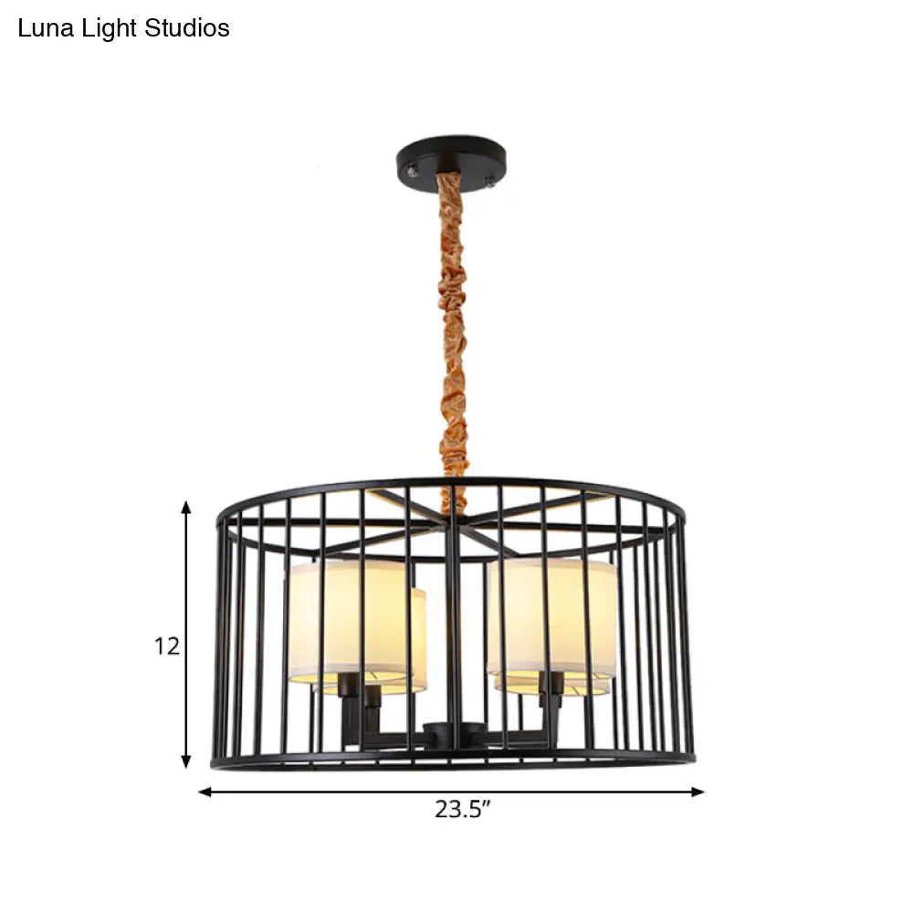 Cylinder Pendant Chandelier: Classic Metal 4-Light Black Fixture With Fabric Shade - Perfect For