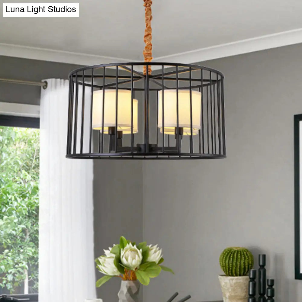 Cylinder Pendant Chandelier: Classic Metal 4-Light Black Fixture With Fabric Shade - Perfect For