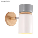 Cylinder Sconce Light: Modern Grey/White Metal Wall Mounted Lighting With Round Wood Backplate
