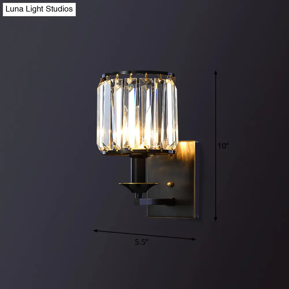 Cylinder Wall Lamp Fixture - Simplicity 1-Bulb Prismatic Crystal Sconce Lighting (Black)