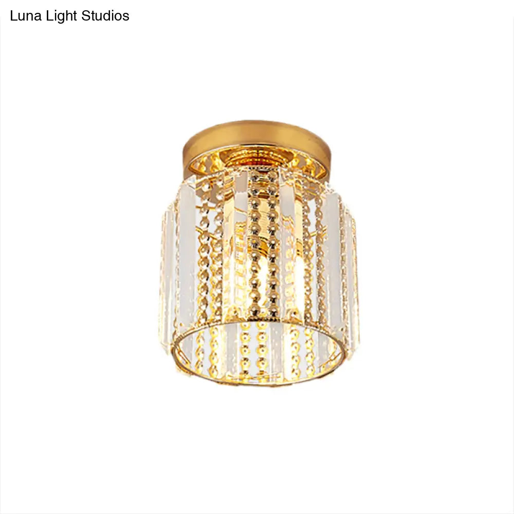 Cylindrical Crystal Mini Flush Lamp - Elegant 1-Light Golden Corridor Ceiling Mounted Light 7’ Wide
