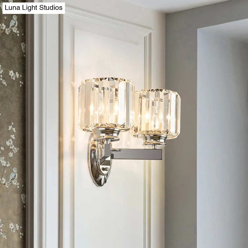 Cylindrical Crystal Wall Sconce With Vintage Chrome Finish - Set Of 2 Bulbs