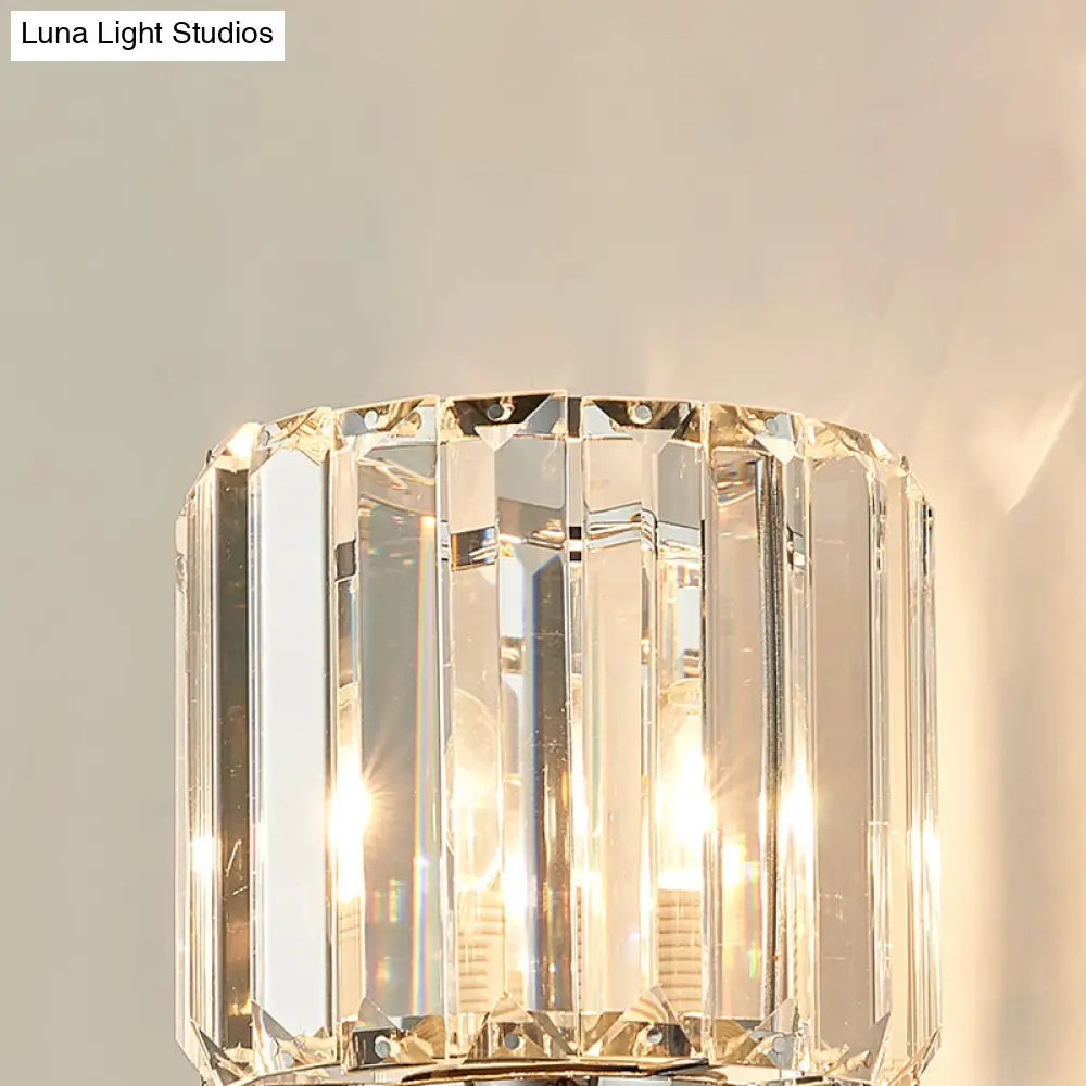 Cylindrical Crystal Wall Sconce With Vintage Chrome Finish - Set Of 2 Bulbs
