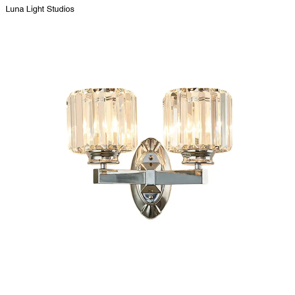 Cylindrical Crystal Wall Sconce With Vintage Chrome Finish - Set Of 2 Bulbs