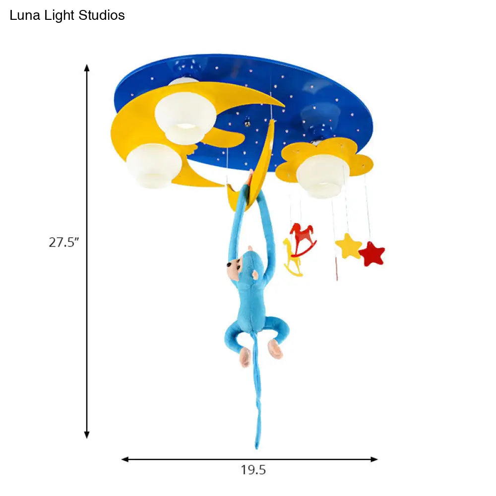 Decorative Metal Moon & Star Ceiling Light For Child’s Bedroom With Hanging Monkey