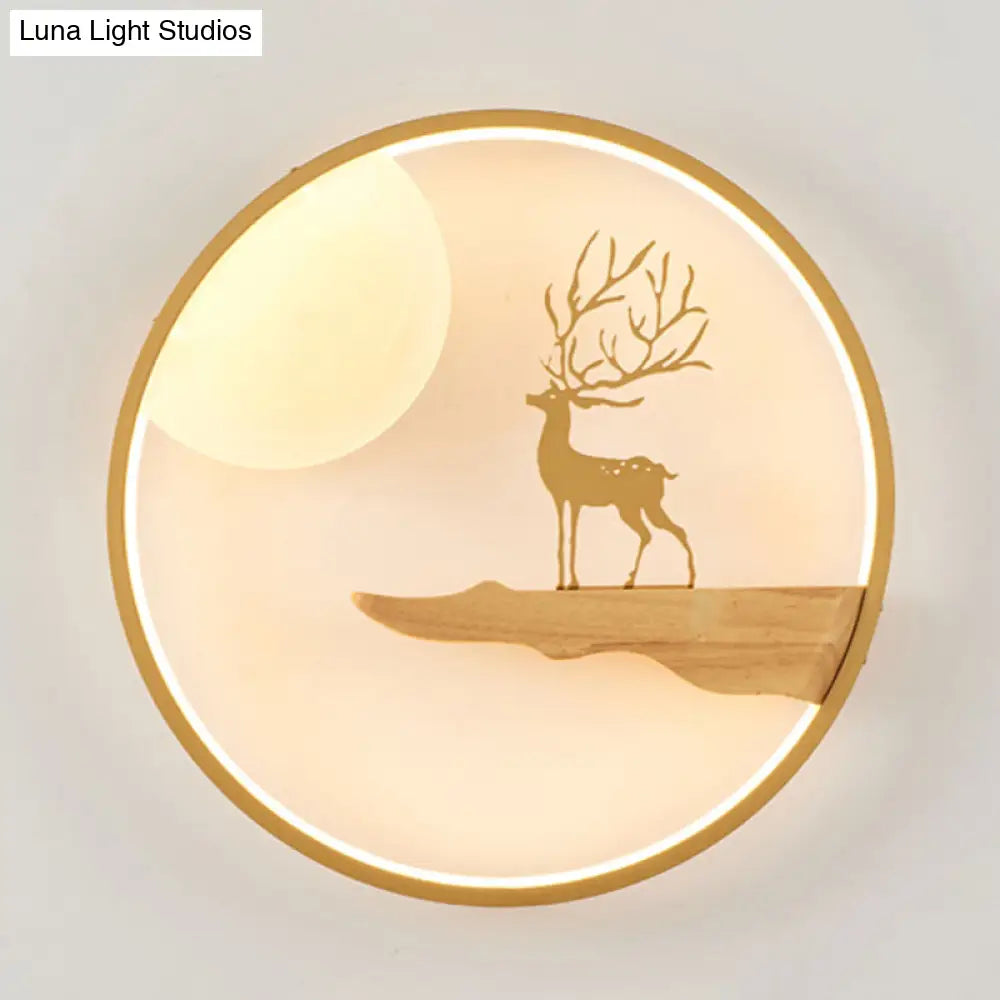 Deer And Moon Asian Led Wall Light With Wood Frame - Black/Beige