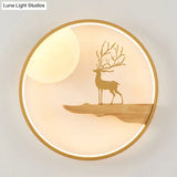 Deer And Moon Asian Led Wall Light With Wood Frame - Black/Beige