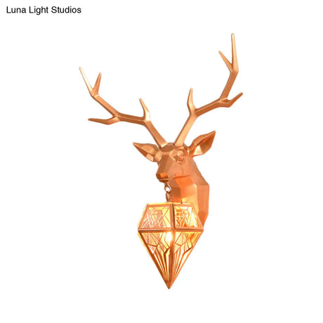 Deer Head 1-Light Resin Gold/Rose Gold Sconce: Stylish Country Wall Mounted Lighting With Diamond