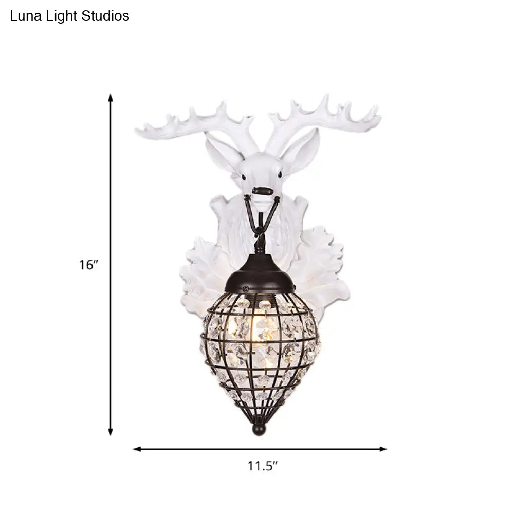 Deer Head Wall Lamp: Countryside Resin Sconce With Lantern Crystal Shade In White/Brown