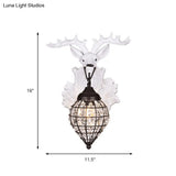Deer Head Wall Lamp: Countryside Resin Sconce With Lantern Crystal Shade In White/Brown