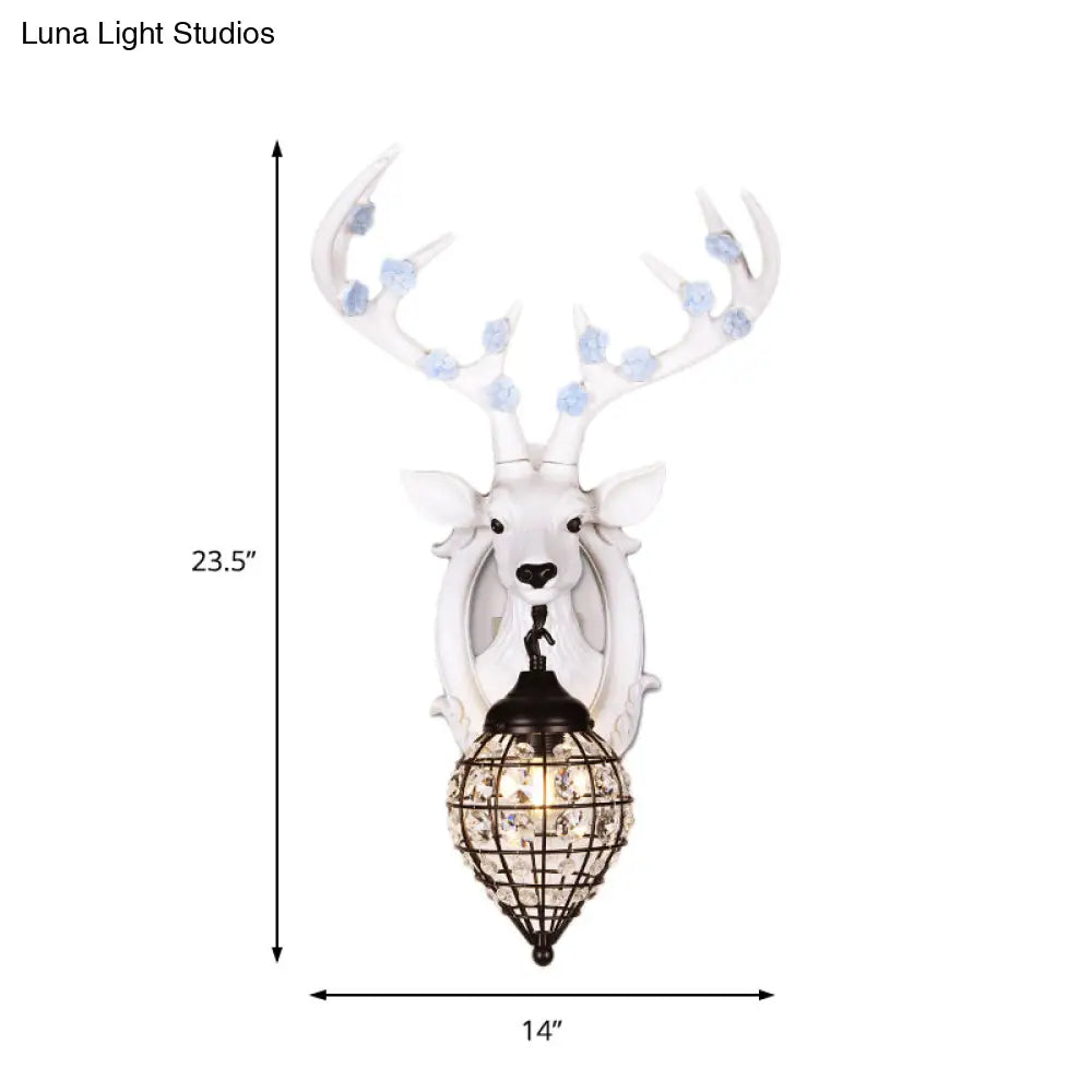 Deer Head Wall Lamp: Countryside Resin Sconce With Lantern Crystal Shade In White/Brown
