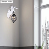 Deer Head Wall Lamp: Countryside Resin Sconce With Lantern Crystal Shade In White/Brown