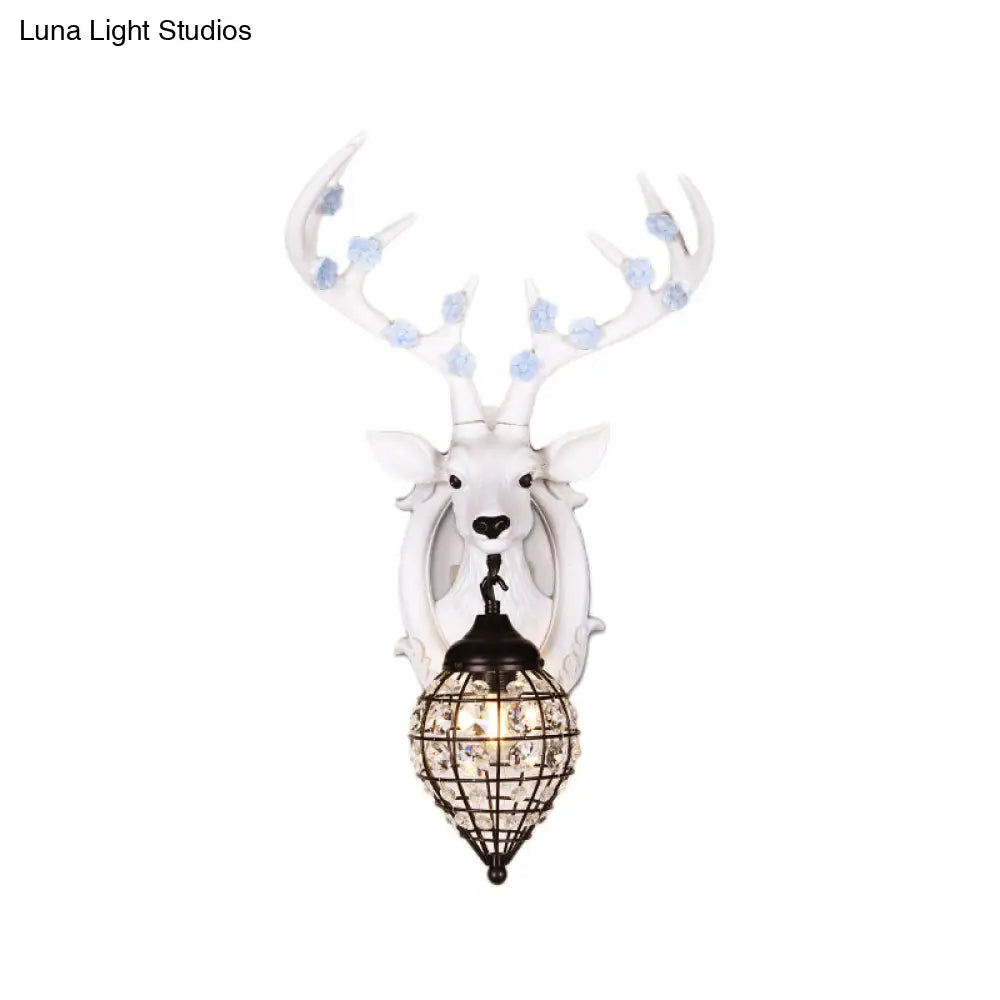 Deer Head Wall Lamp: Countryside Resin Sconce With Lantern Crystal Shade In White/Brown