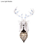 Deer Head Wall Lamp: Countryside Resin Sconce With Lantern Crystal Shade In White/Brown