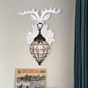 Deer Head Wall Lamp: Countryside Resin Sconce With Lantern Crystal Shade In White/Brown White / C