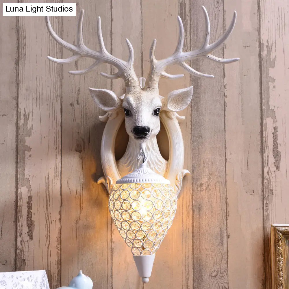 Deer Head Wall Light Fixture: Resin Sconce With Crystal Shade