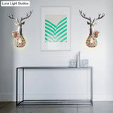 Deer Sconce 1-Light Resin Wall Mount Lighting In Black/Pink/Yellow With Crystal Shade - Bedroom