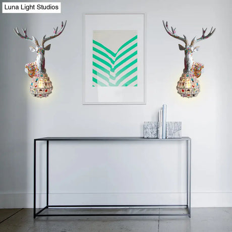 Deer Sconce 1-Light Resin Wall Mount Lighting In Black/Pink/Yellow With Crystal Shade - Bedroom