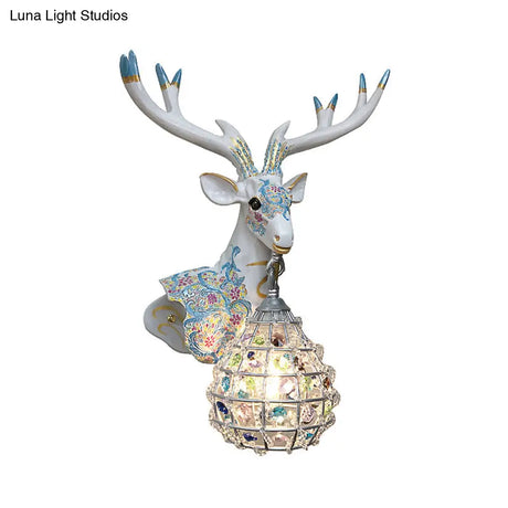 Deer Sconce 1-Light Resin Wall Mount Lighting In Black/Pink/Yellow With Crystal Shade - Bedroom