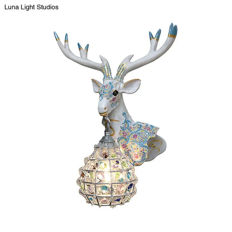 Deer Sconce 1-Light Resin Wall Mount Lighting In Black/Pink/Yellow With Crystal Shade - Bedroom