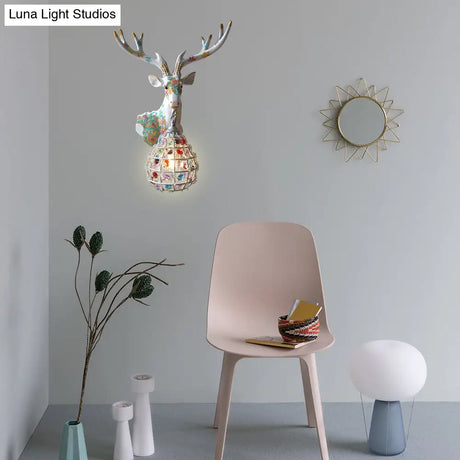 Deer Sconce 1-Light Resin Wall Mount Lighting In Black/Pink/Yellow With Crystal Shade - Bedroom