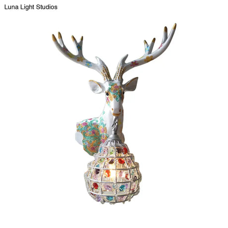 Deer Sconce 1-Light Resin Wall Mount Lighting In Black/Pink/Yellow With Crystal Shade - Bedroom