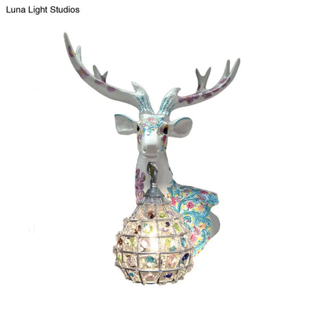 Deer Sconce 1-Light Resin Wall Mount Lighting In Black/Pink/Yellow With Crystal Shade - Bedroom