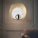 Designer Marble Led Flush Mount Wall Sconce In Black/White/Gold With Peacock Tail Feather Accent -