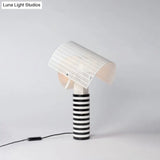 Designer Metal Nightstand Lamp With Swivel Mesh Shade - Striped Column 1 Head Black And White