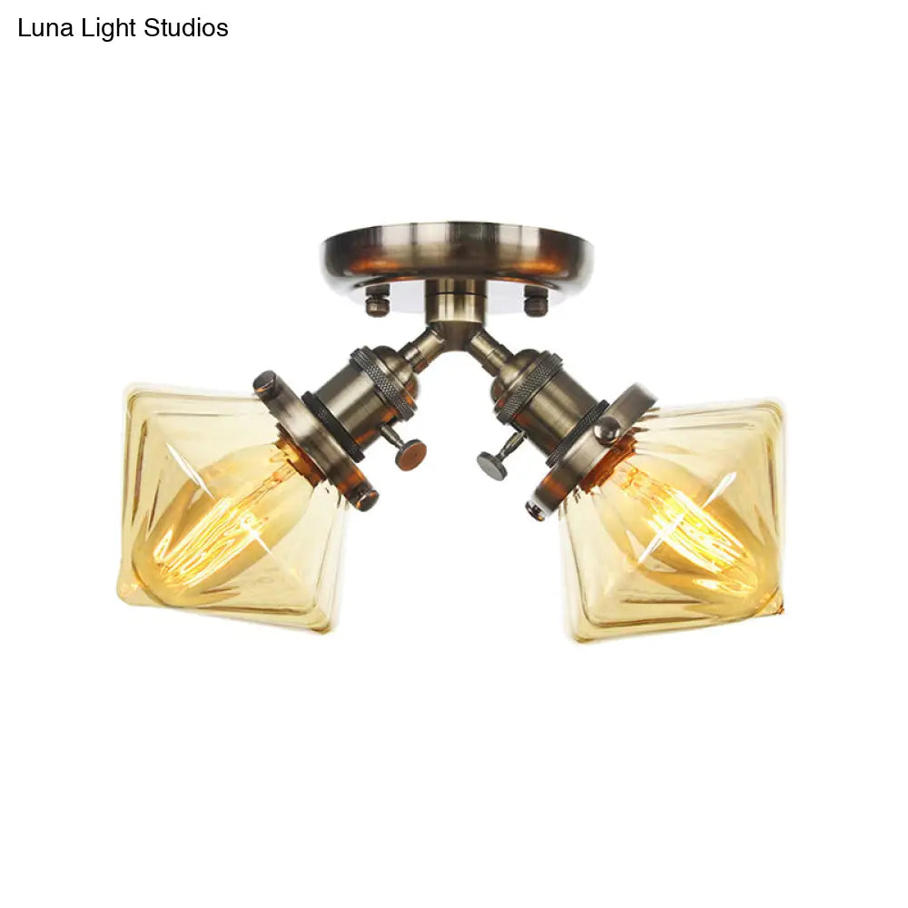 Diamond Amber/Clear Glass Semi Mount Farmhouse Light Fixture - 2 - Light Flush Black/Bronze Design