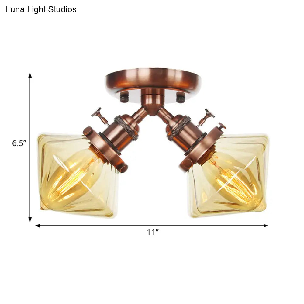 Diamond Amber/Clear Glass Semi Mount Farmhouse Light Fixture - 2 - Light Flush Black/Bronze Design