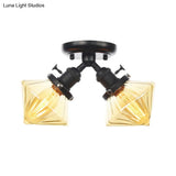 Diamond Amber/Clear Glass Semi Mount Farmhouse Light Fixture - 2 - Light Flush Black/Bronze Design