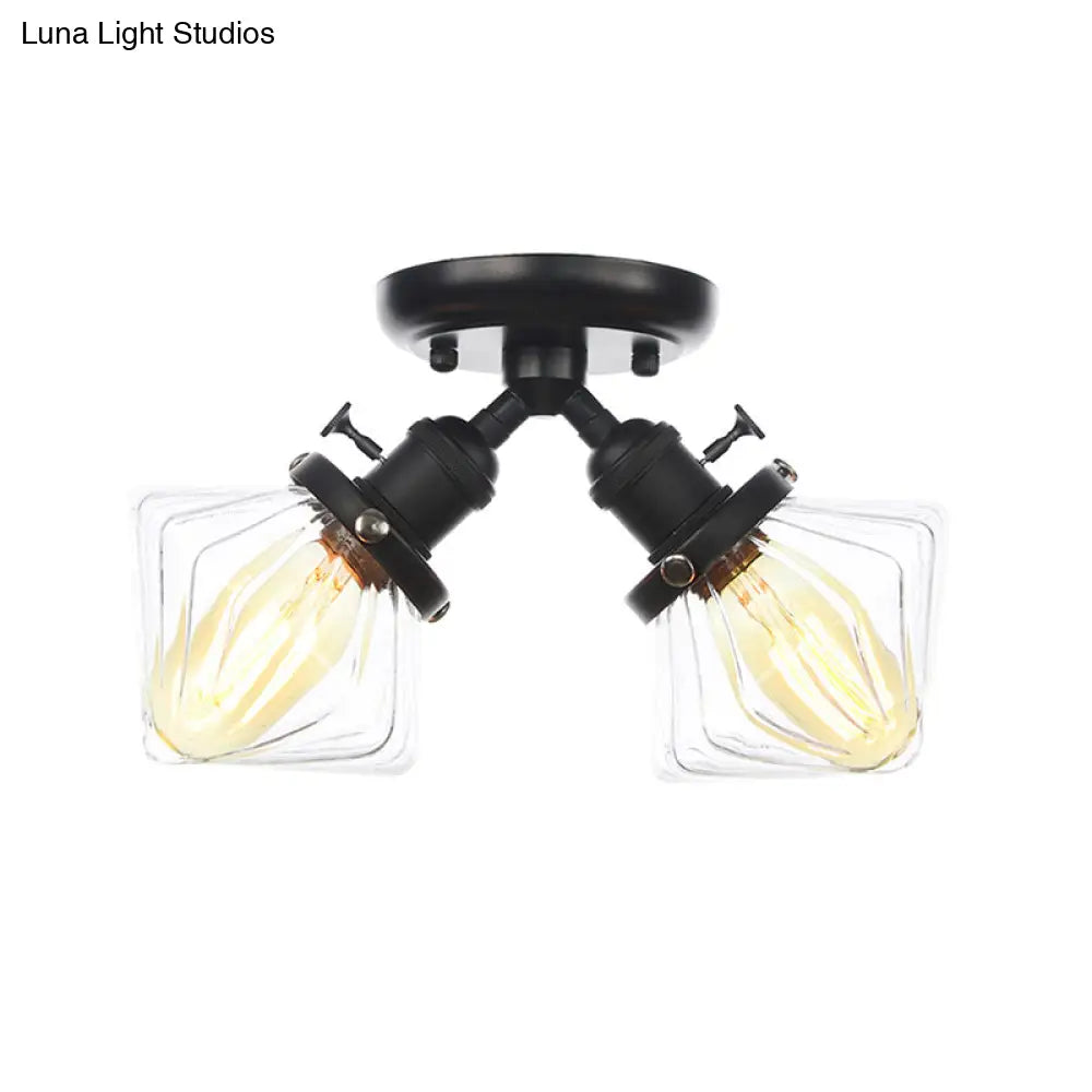 Diamond Amber/Clear Glass Semi Mount Farmhouse Light Fixture - 2 - Light Flush Black/Bronze Design