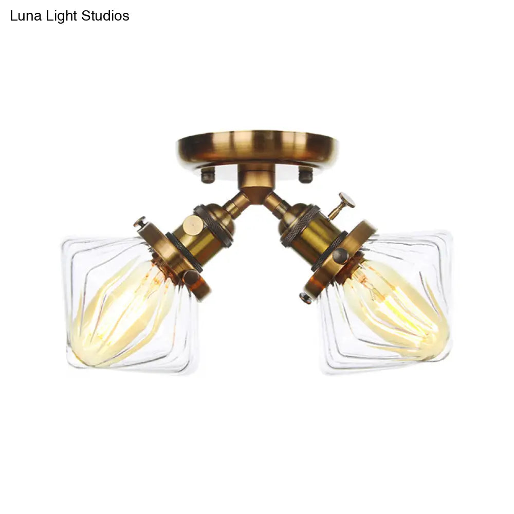 Diamond Amber/Clear Glass Semi Mount Farmhouse Light Fixture - 2 - Light Flush Black/Bronze Design
