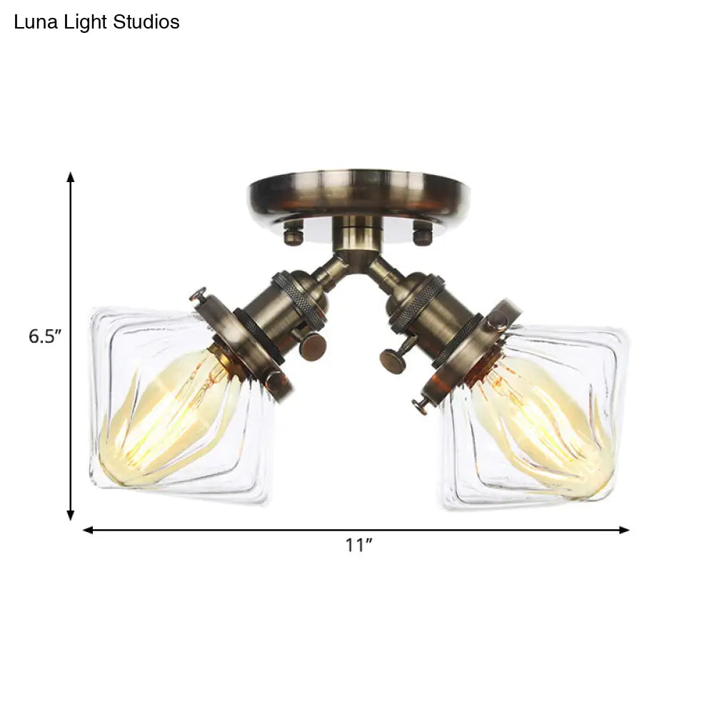 Diamond Amber/Clear Glass Semi Mount Farmhouse Light Fixture - 2 - Light Flush Black/Bronze Design