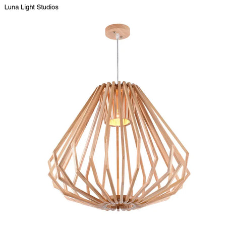 Diamond Cafe Pendant Light - Asian Style Wood Suspension 1 Head Beige
